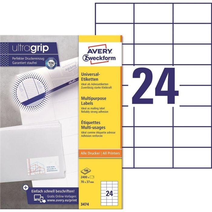 Avery Zweckform Universaletiketten Ultragrip 3474 2 400 Stuck 70 X 37 Mm Weiss